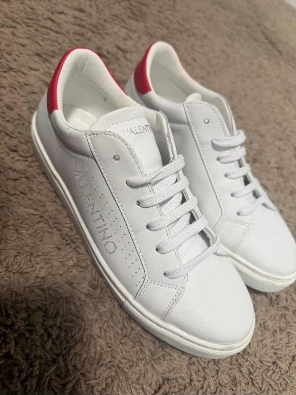 Valentino White Leather Low-Top Sneakers with Red Heel